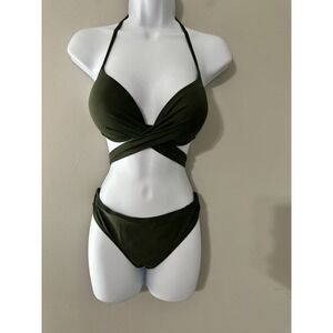 Fashion Nova Olive Green‎ Wrap Halter Push-Up Underwire Bikini - Size L NWOT